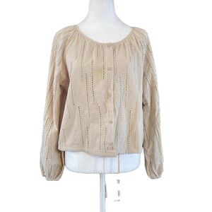 Women's Beige Boho Embroidered Button-Up Top Large